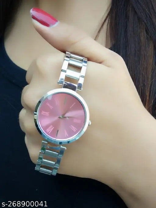 Attractive Pink dial steel strap analog watch for womens