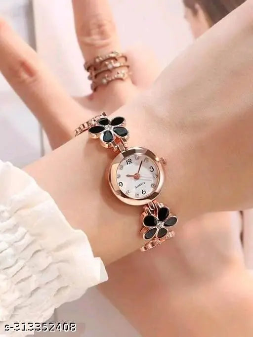 Flower Pattern Analogue Women's or Girls Watch (Rose Gold Black)