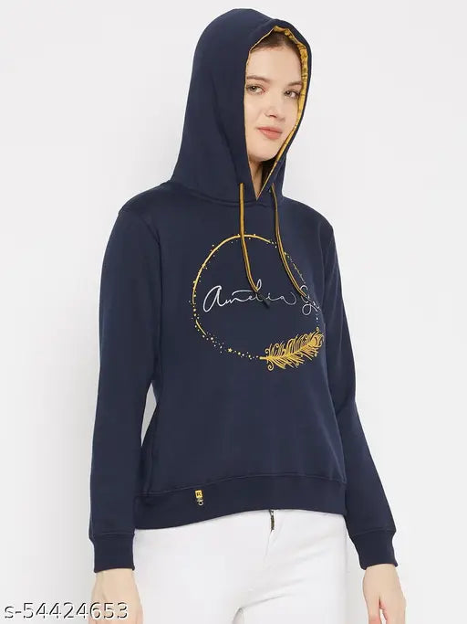 Women's Navy Blue Printed Hooded Sweatshirt