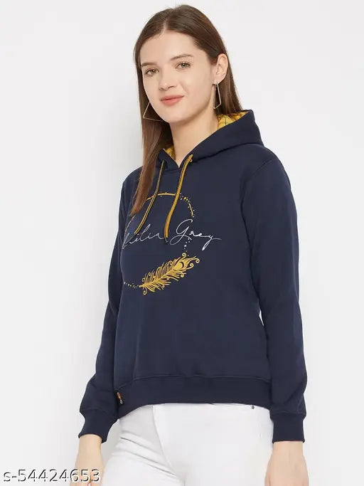 Women's Navy Blue Printed Hooded Sweatshirt