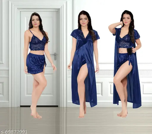 Women Satin Solid Nightwear | Sexy Nighty Dress For Honeymoon pack of 3 ( Semi-Transparent , Blue )