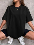 Calm Down Oversized 3/4 Sleeve Plain Black T-shirt for Women