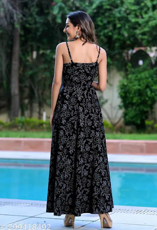 Rayon Printed Stylish Black Dress For Women/Girls