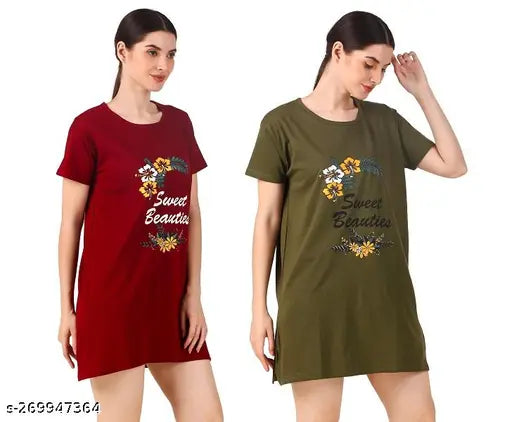 Trike Womens Cotton Printed Long Polo Regular Fit Round Neck Top/T-Shirt/Tshirts Combo pack of 2