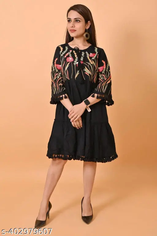 beautiful embroidery black colour rayon dress