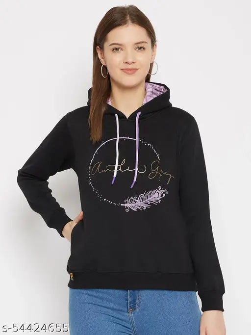 Women's Black Printed Hooded Sweatshirt