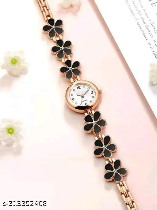 Flower Pattern Analogue Women's or Girls Watch (Rose Gold Black)