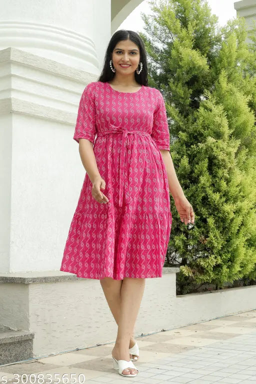 Elegant A line Cotton Dress In Solid Pattern