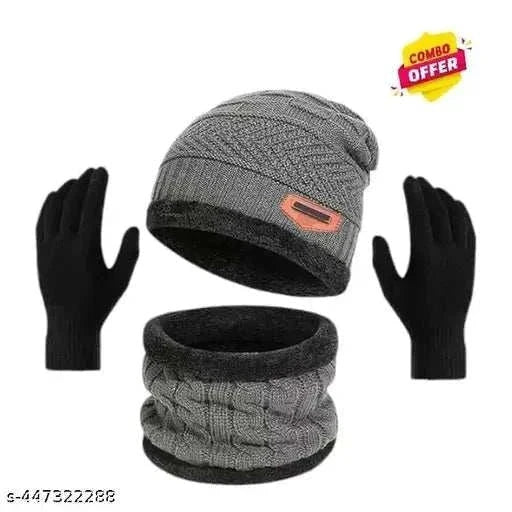 Trendy Winter Woolen Beanie Cap and Glove Set for Extra protection From cold for Men & Women (Black).