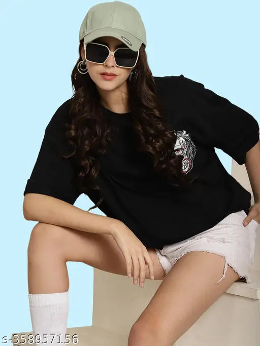 Graphic Printed Cotton Oversize Regular T-Shirt for Women