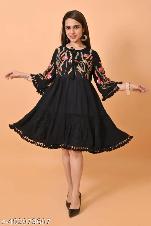 beautiful embroidery black colour rayon dress