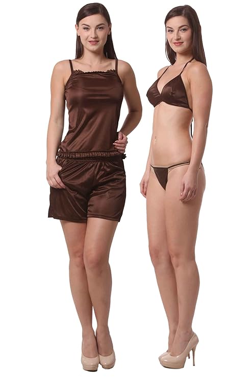 Being Fab Women's Satin Nightwear Set with Frill Accents - Includes Top, Shorts, and Bikini Set (Available in XS-6XL and 12 Colors)