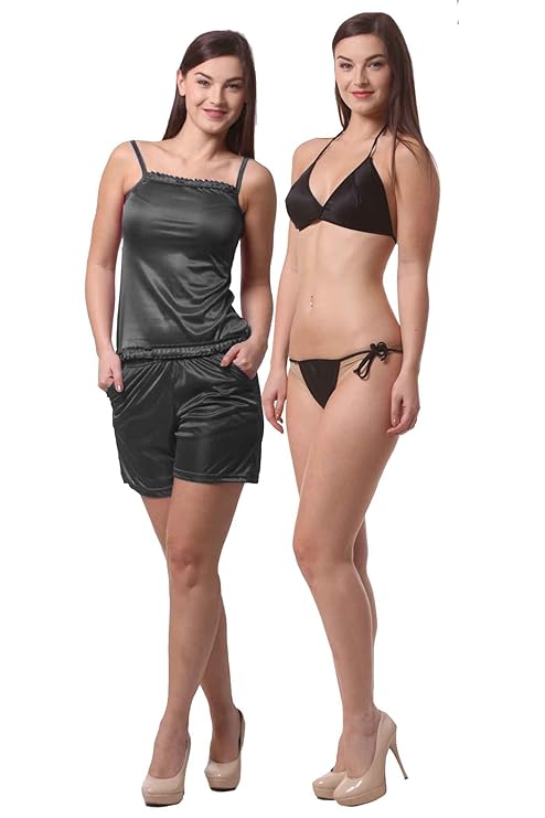 Being Fab Women's Satin Nightwear Set with Frill Accents - Includes Top, Shorts, and Bikini Set (Available in XS-6XL and 12 Colors)