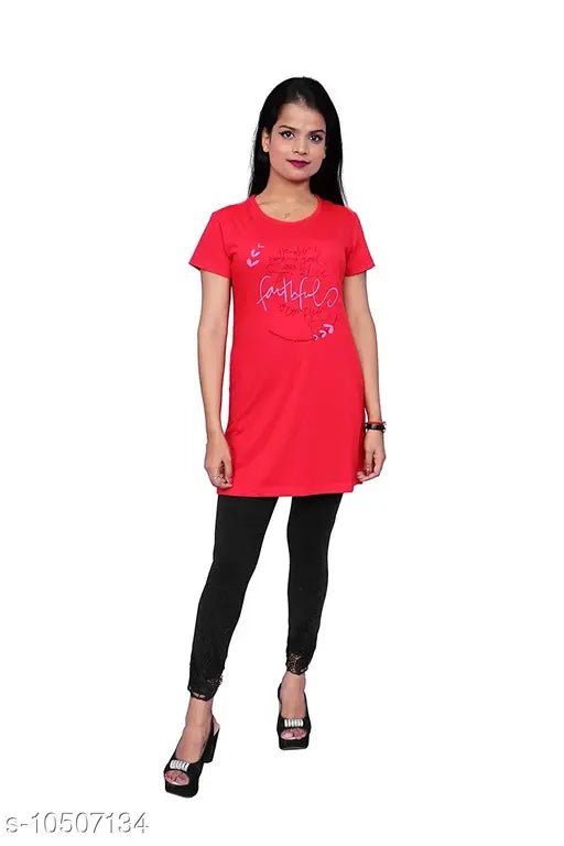 Women's Cotton Printed Long Regular Fit Round Neck Top,T-Shirts (Red)|T-Shirt for women|printed t-shirt|long t-shirt|