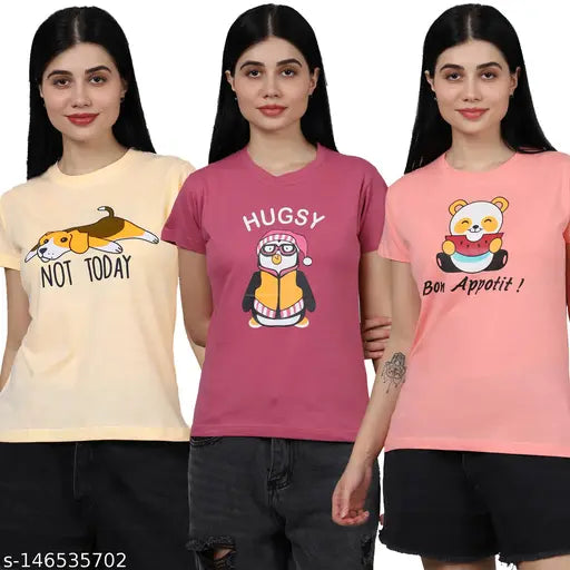 Trendy Women Cotton Printed Tshirt Pack Of 3 (Women Tshirt-36-38-39)