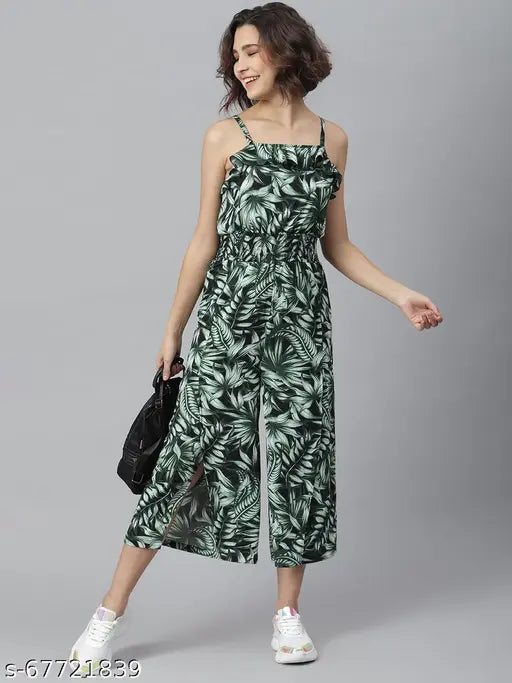 StyleStone Women's Floral Shoulder Straps Green Jumpsuits