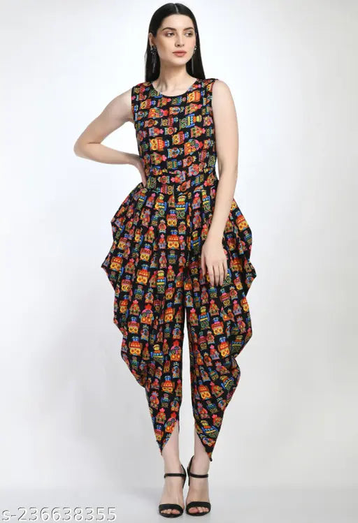 Fancy, modern, fashionable, classic, and latest women’s printed sleeveless maxi dhoti jumpsuit. Stylish one-piece dress with digital owl print, perfect for party wear