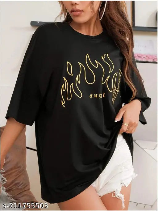 Calm Down Oversized 3/4 Sleeve Round Neck Black Printed T-shirt for Women