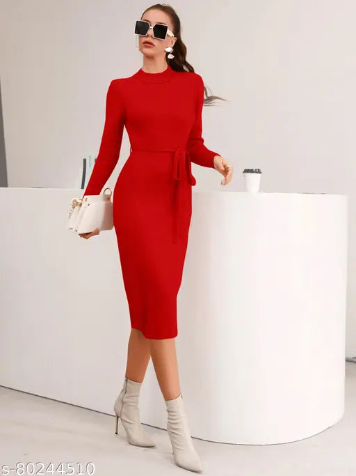 IMPEX Women's New Full Sleeve Round Neck Stretchable Knee Length Trending Western One Piece.