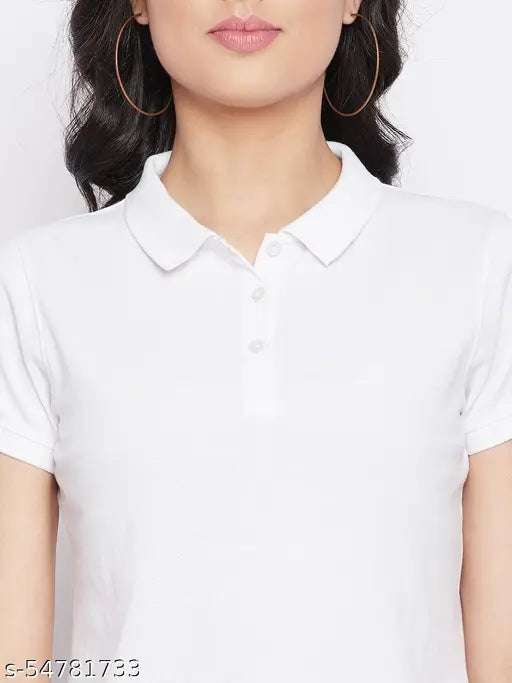 Women's White Solid Polo T-shirt has a Short Sleeves