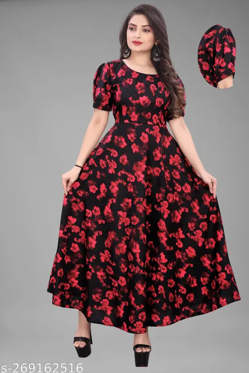 Red Flower  Anarkali Style Dress For Beautiful Women