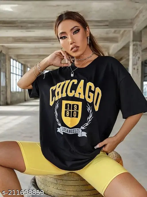 Calm Down Oversized 3/4 Sleeve Black Printed T-shirt for Women