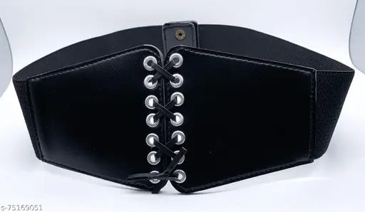 wide Black corset-style belt with front lacing and silver eyelets. The belt has an edgy and stylish feel.