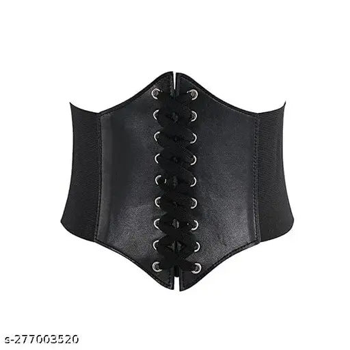 Black faux leather corset with front lace-up design and silver eyelets, creating a sophisticated and edgy look. Symmetrical and stylish.