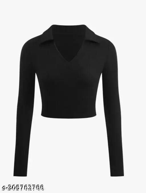 Black long-sleeve crop top with a V-neck and collar.  The top has a modern, sleek, and minimalist design.