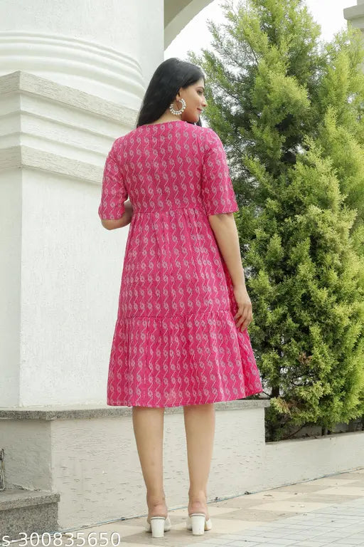 Elegant A line Cotton Dress In Solid Pattern