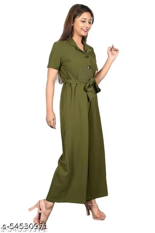 Zenday Casual Solid Olive Jumpsuit for Ladies