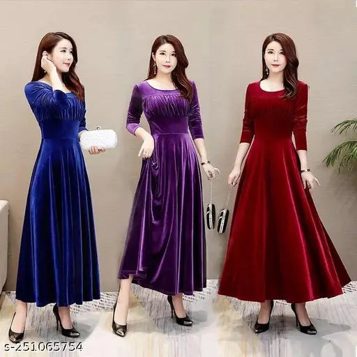 ASH_007 Stylish Purple Chest Gathered Velvet Long Dress