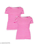 Simple Fancy Trendy Feminine Comfort Premium Women's and girl's Tops and Tshirts Pack of 2 Multicolor Cotton Striped short sleeves t-shirt with stylish printed round neck Pink ; white and Yellow ; white