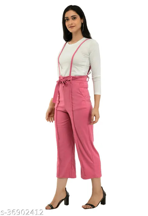 Trendy Ravishing Urbane Latest Women Partywear Pretty Comfy Stylish Latest & Fashionable Two Pieces Pink Dungaree Set- 1 Full Sleeve Round Neck White T Shirt & 1 Pink Fabulous Dungaree Dress Size- S-28, M-30, L-32 & XL-34