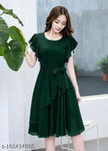 Women Green Solid Knee Length, Fit And Flare & A-line Georgette Dress