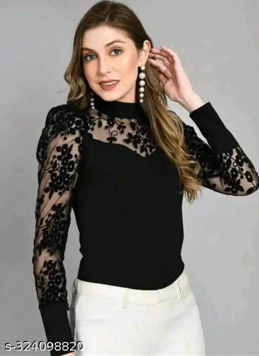 Net Leaf Design Sleeves Solid Women Black Top