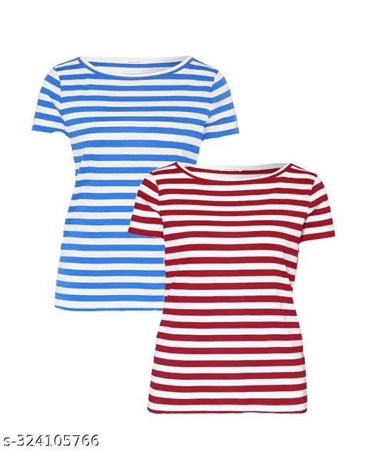 Simple Fancy Trendy Feminine Comfort Premium Women's and girl's Tops and Tshirts Pack of 2 Multicolor Cotton Striped short sleeves t-shirt with stylish printed round neck Pink ; white and Yellow ; white