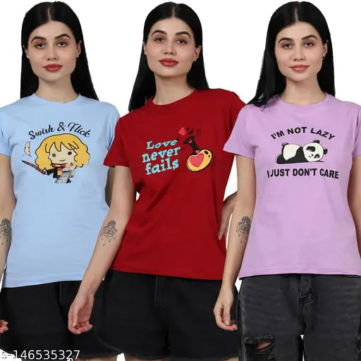 Trendy Women Cotton Printed Tshirt Pack Of 3 (Women Tshirt-41-45-46)