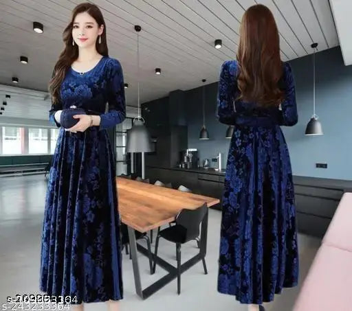 Navy Blue Print Velvet Long Dress