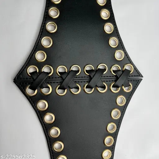 black leather belt with gold eyelets and lace-up detail. The design is edgy and stylish, enhanced by gold button accents.