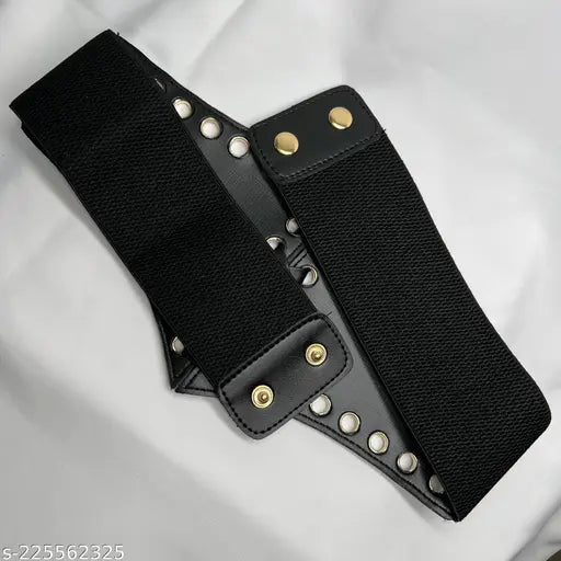 black leather belt with gold eyelets and lace-up detail. The design is edgy and stylish, enhanced by gold button accents.