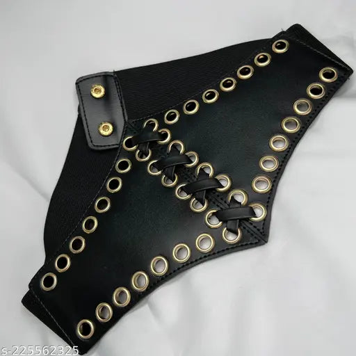 black leather belt with gold eyelets and lace-up detail. The design is edgy and stylish, enhanced by gold button accents.