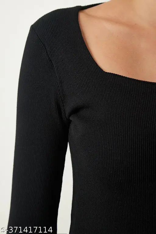 Square Neck Full Sleeve Casual Ribbed Top