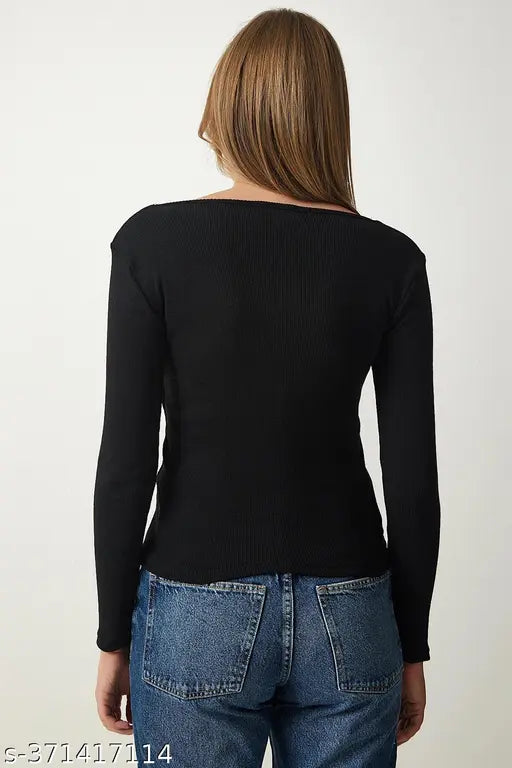 Square Neck Full Sleeve Casual Ribbed Top