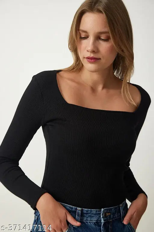 Square Neck Full Sleeve Casual Ribbed Top