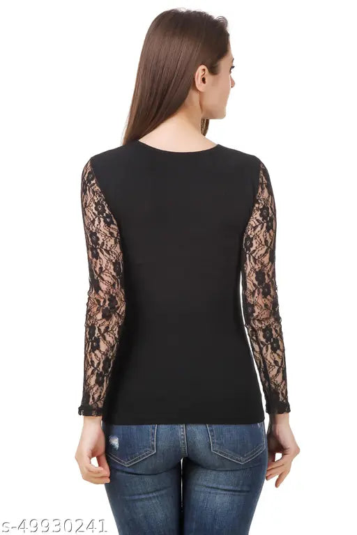 black top with long lace sleeves and blue jeans is shown from the back, providing a casual yet stylish appearance.