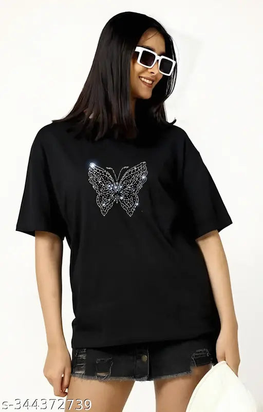 Women Oversized Pure Cotton T-shirt with Butterfly-design Sparkling Rhinestones, Glitters, Sequins. Trendy for party, disc, clubs, festivals. Loose-long, Baggy fit, Drop shoulder T-shirt for summer.