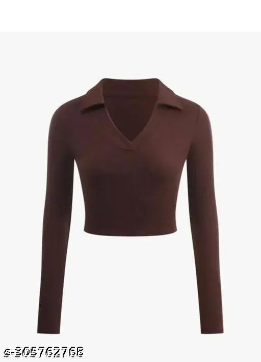 Brown long-sleeve crop top with a V-neck and collar.  The top has a modern, sleek, and minimalist design.