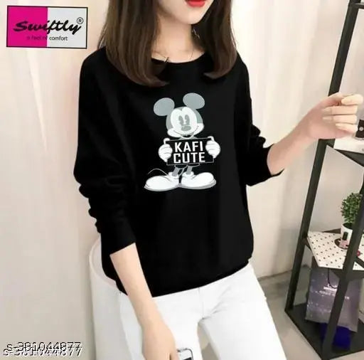 Women's Pure Cotton Mickkey Mouse Print Round Neck Full Sleeve Tshirt