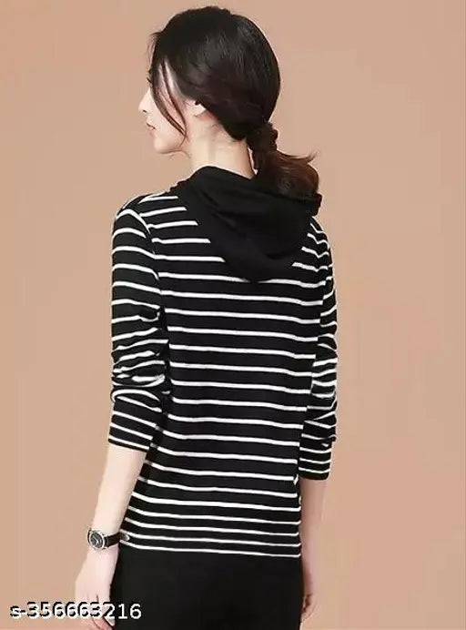 Stylish Striper Full Sleeve Hooded Women T-Shirt